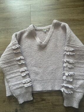 Madewell Lavender V-Neck Fringe Sleeve Sweater